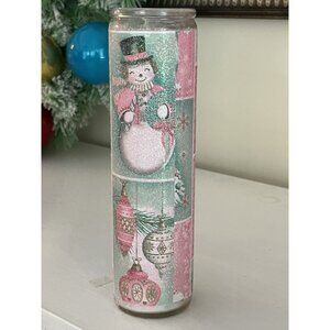 Like Vintage Sugar Frosted Pillar Candle Pink Nostalgic Christmas Snow Reindeer